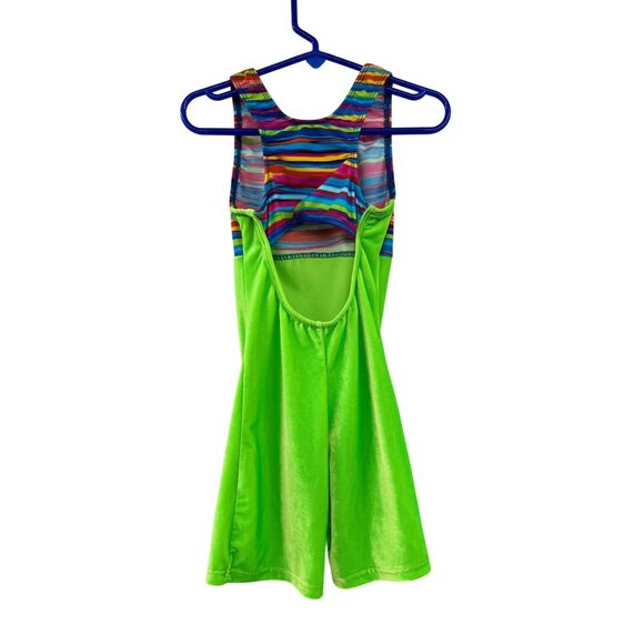 Motionwear Gymnastics Shortall Leotard Girls 8-10 Green Velvet Rainbow Stripe - Picture 2 of 13